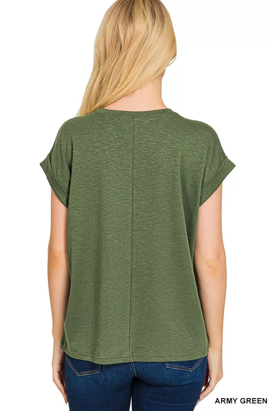 Zenana Cotton Modal Slub Rolled Sleeve T-Shirt in Army Green
