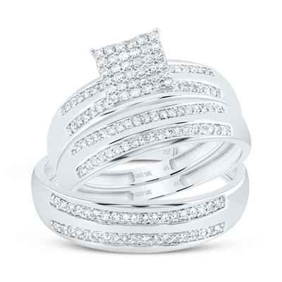 10K WG 1/2CTW-NATURAL DIAMOND SQUARE TRIO SET - HIS & HER WEDDING RING SET