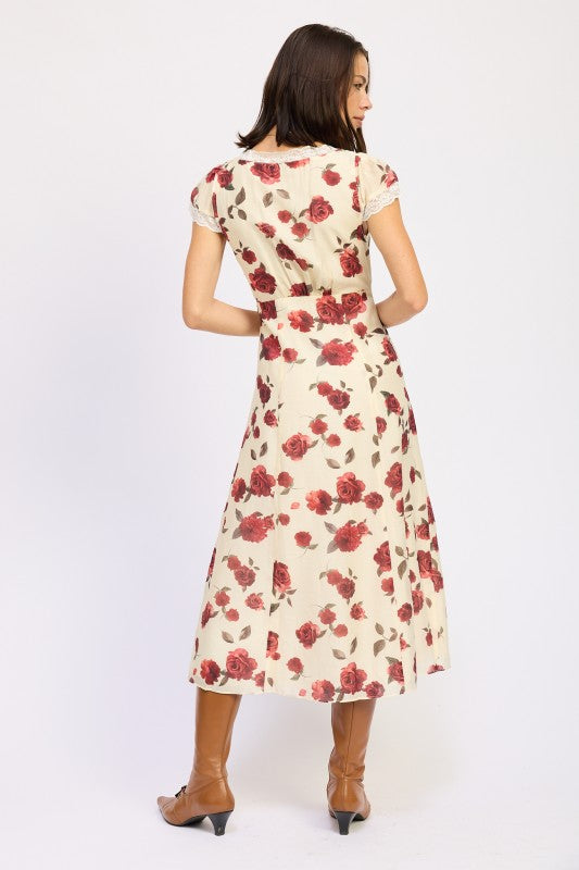 Emory Park Floral Midi Dress with Cap Sleeve and Lace Detail