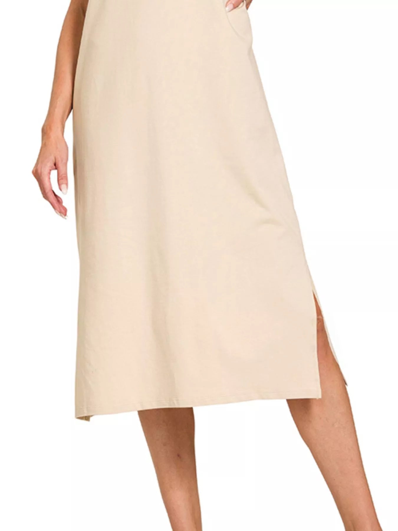 Zenana Round Neck Side Slit Midi Dress in Beige