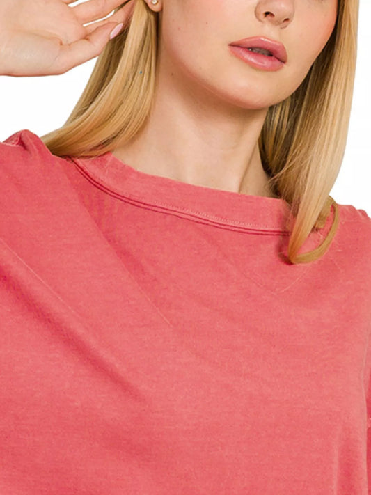 Zenana Pigment Dye Enzyme Washing Oversized Round-Neck T-Shirt in Ruby