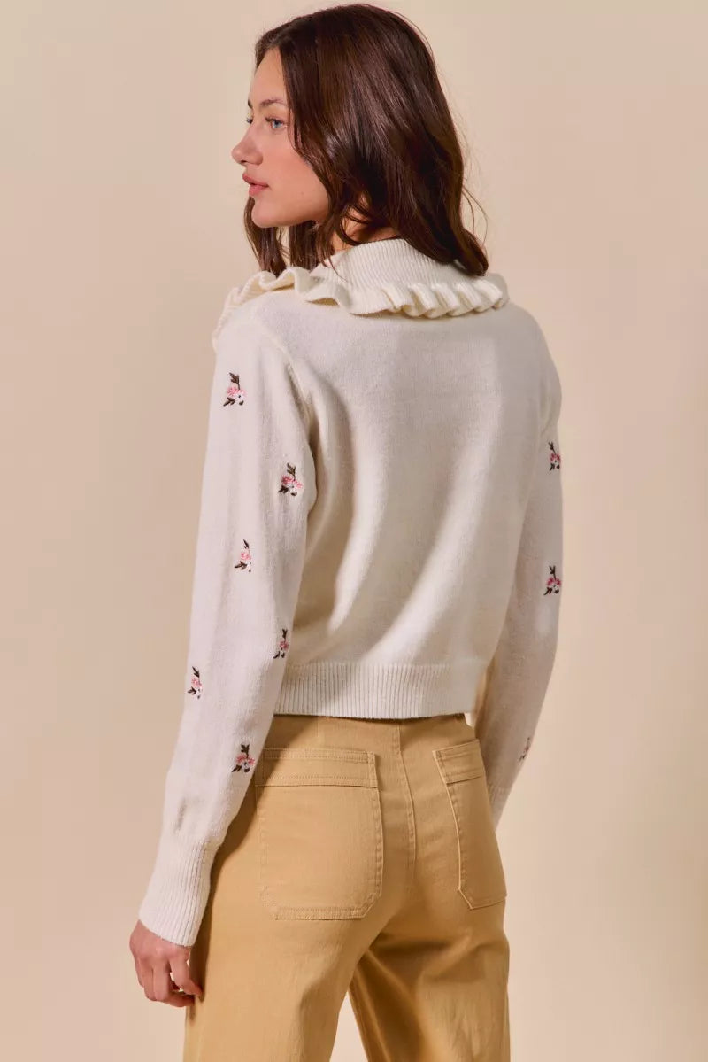 SO ME Collared Floral Embroidered Button Down Sweater Cardigan