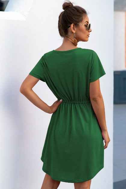 Solid V Neck Button Down Tie Waist Jersey Dress