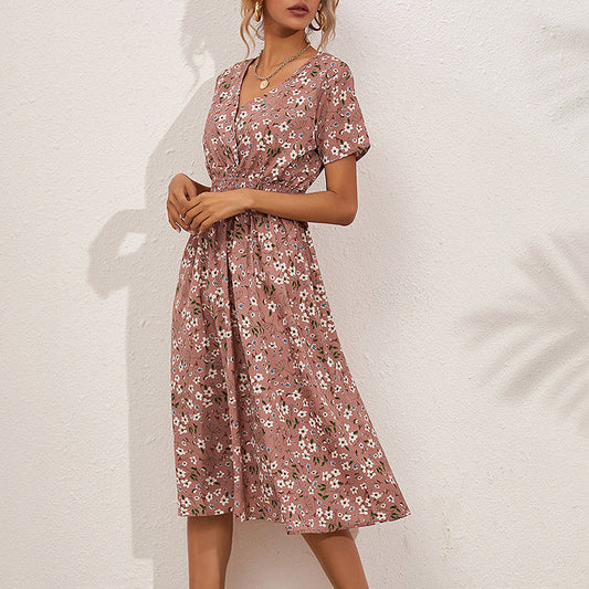 Women's V-Neck Floral Print Dress - A-Line Waisted Summer Maxi Dress