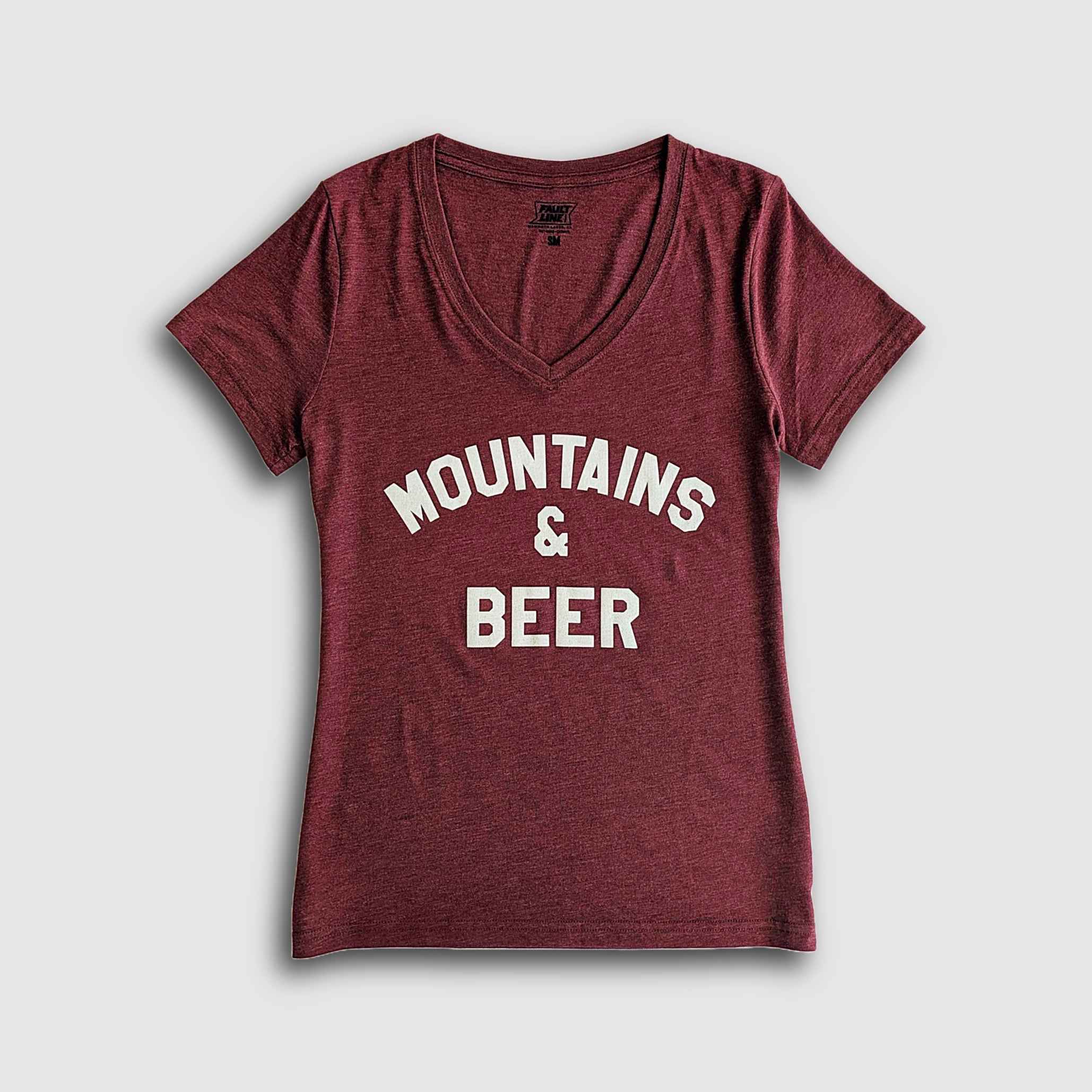 T-shirt col V Mountains & Beer pour femme - Bordeaux/Ivoire