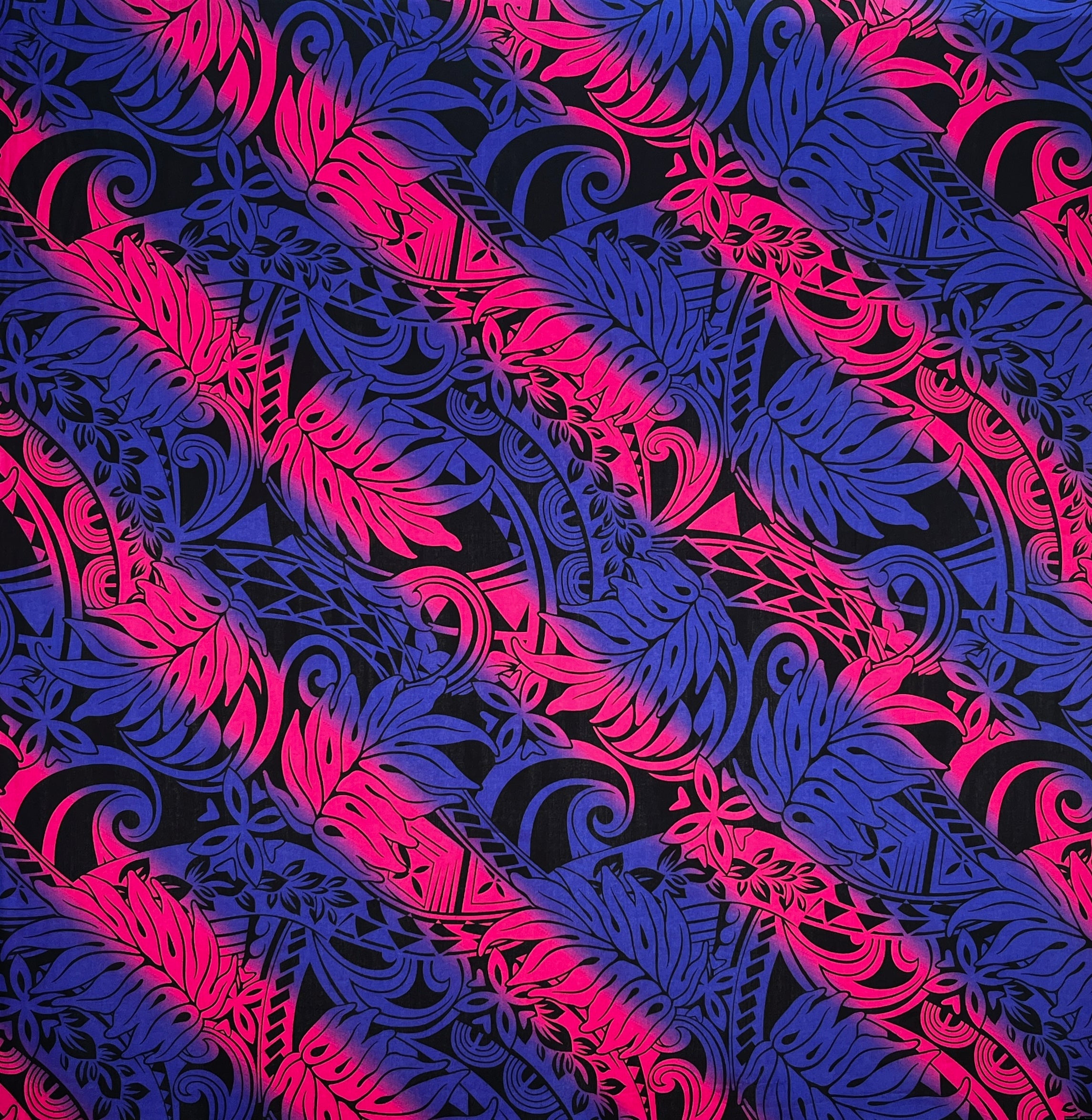 Diagonal Traditional Tattoo Gradient design with Tropical Leaves Rayon Poplin Fabric | Islands Fabric