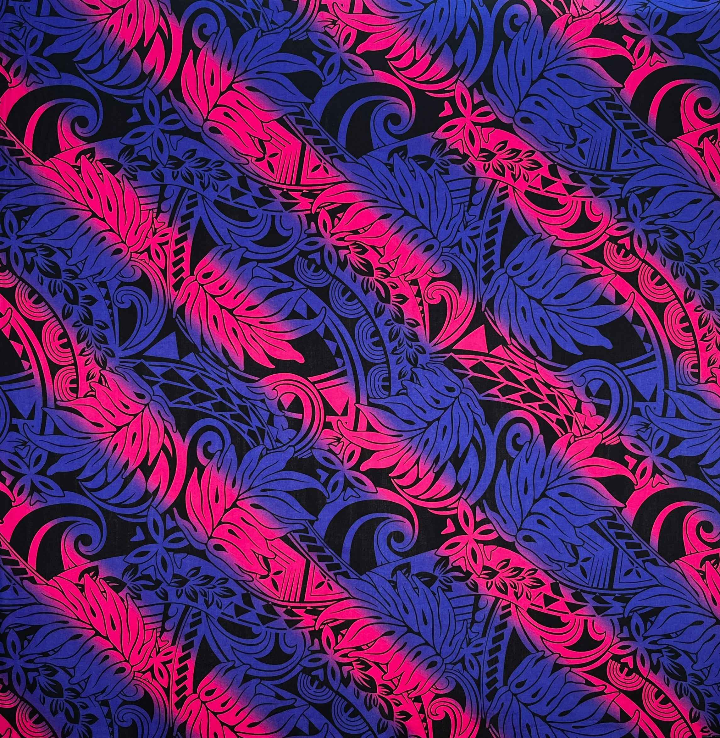 Diagonal Traditional Tattoo Gradient design with Tropical Leaves Rayon Poplin Fabric | Islands Fabric