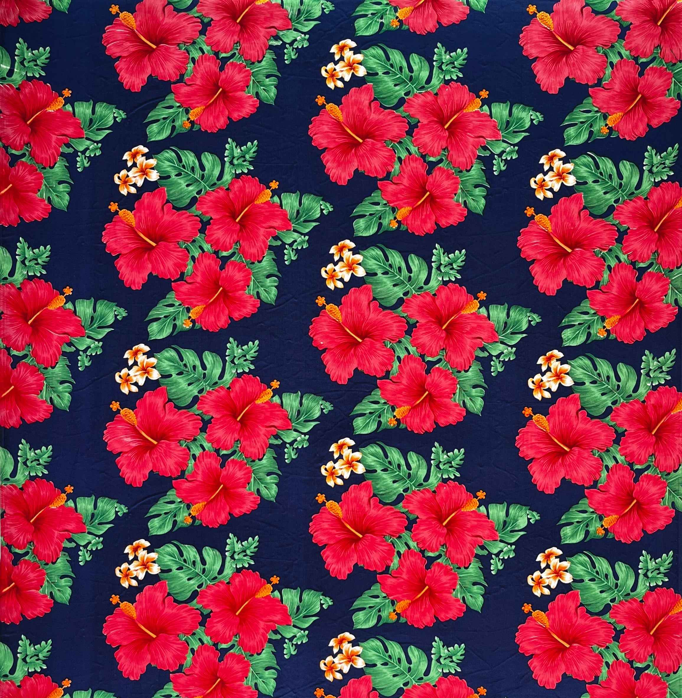 Hibiscus & Tropical Leaves Cluster All Over design Peachskin Fabric | Islands Fabric