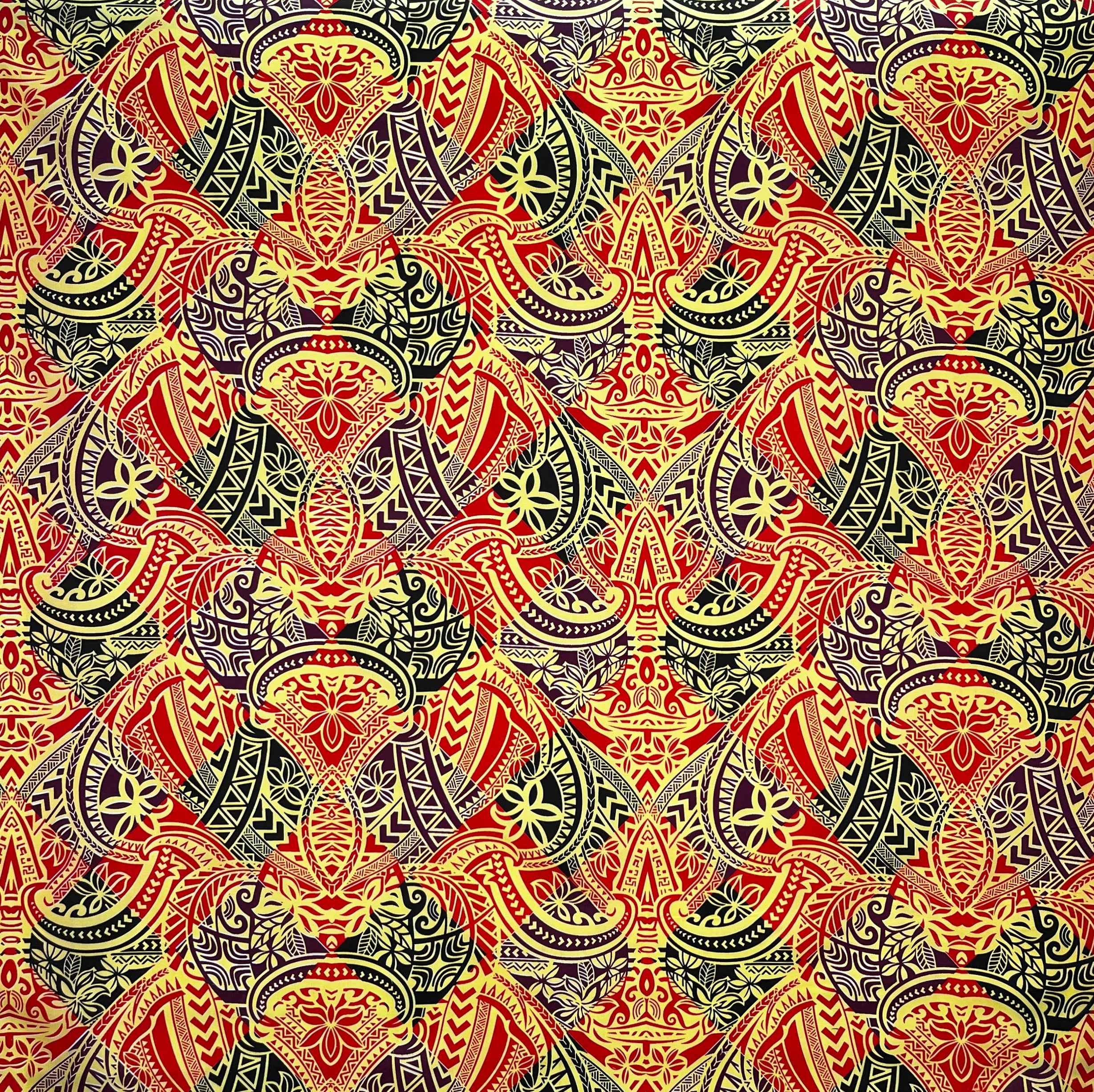 Motif tatouage polynésien traditionnel sur toute la surface, tissu peau de pêche | Tissu des îles
