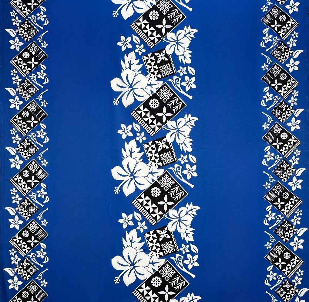 Hibiscus Tropical Leaves w/ Patches of Traditional Tapa Double Border Polyester Fabric | Islands Fabric
