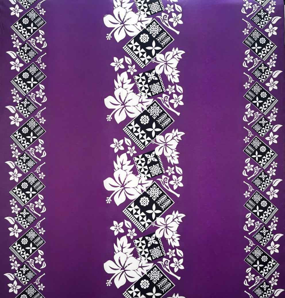 Hibiscus Tropical Leaves w/ Patches of Traditional Tapa Double Border Polyester Fabric | Islands Fabric