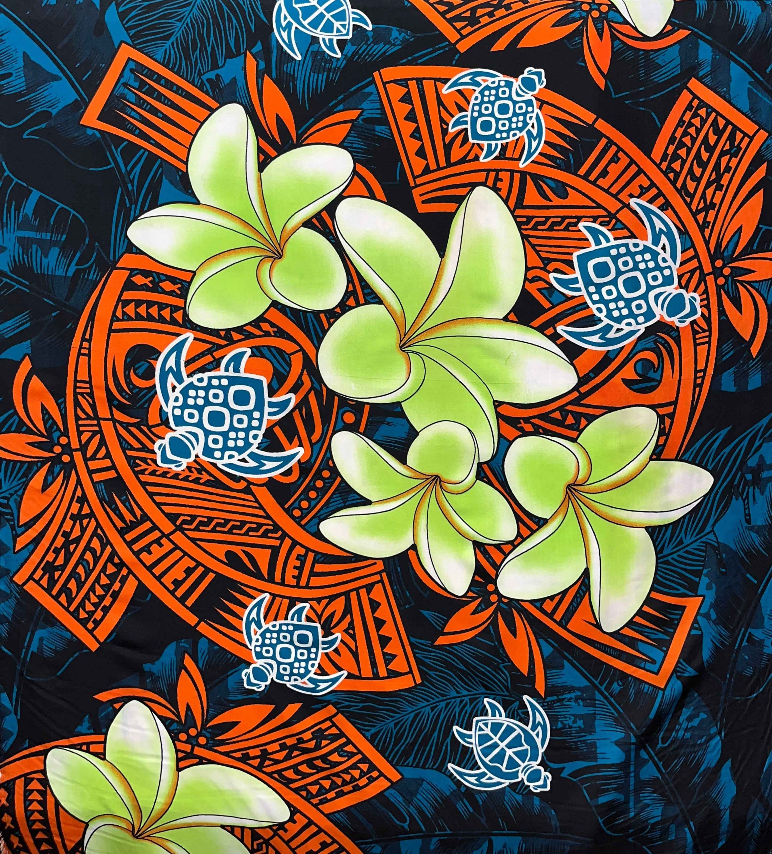 Tissu peau de pêche au motif tribal traditionnel Plumeria Turtles | Tissu Islands