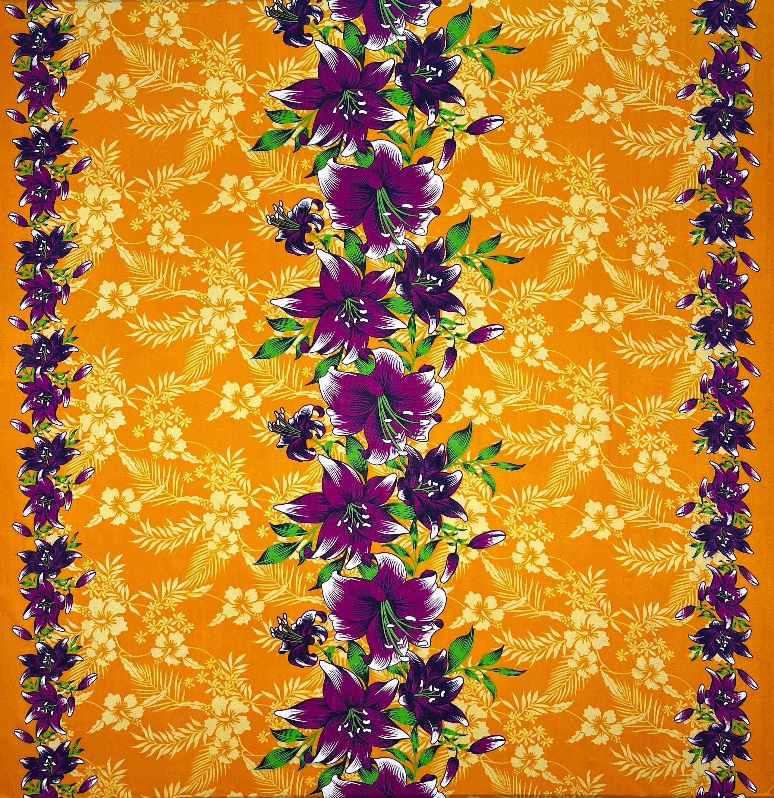 Triple Lily Border with tropical Flowers & Leaves Rayon Fabric | Islands Fabric