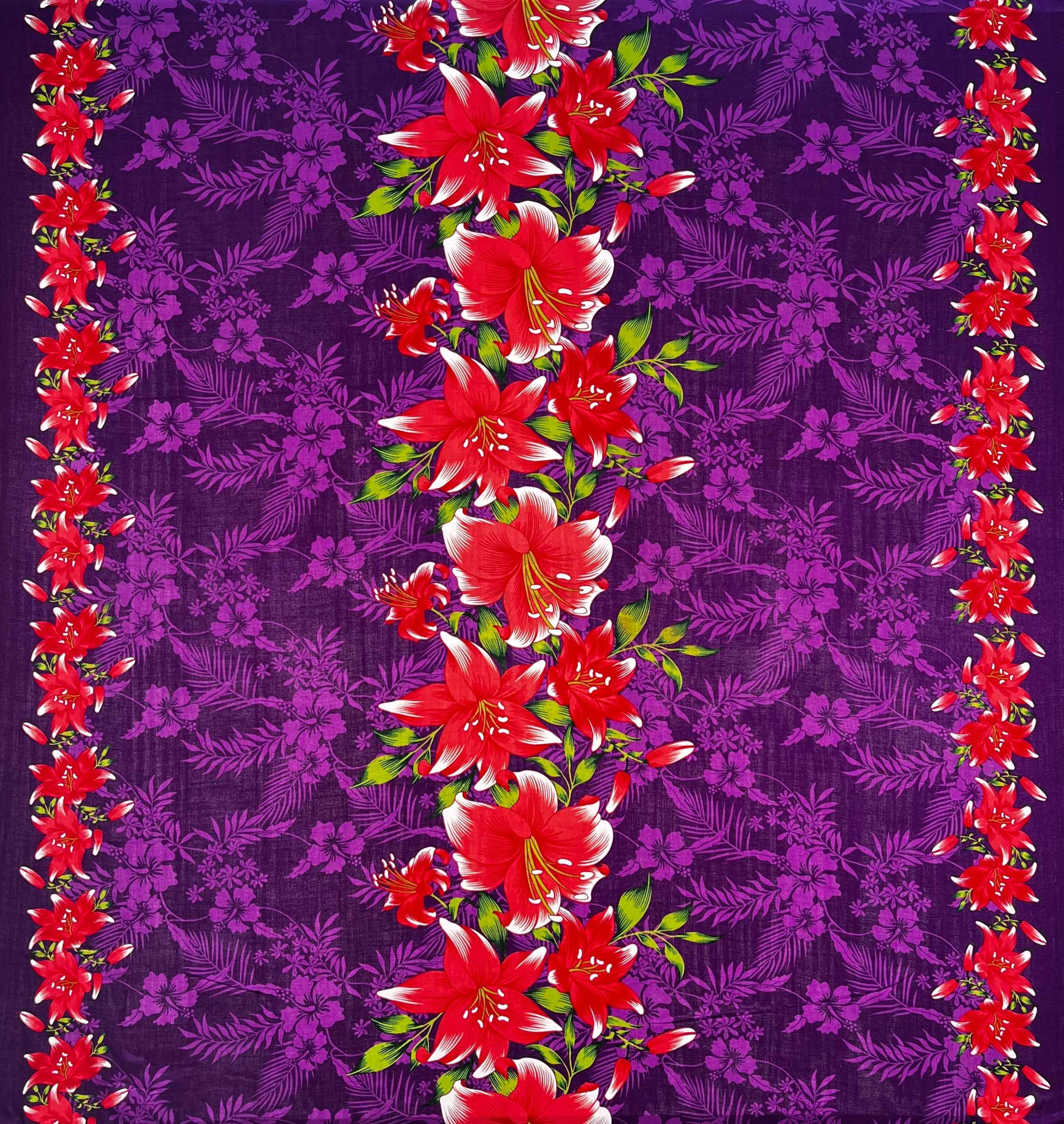 Triple Lily Border with tropical Flowers & Leaves Rayon Fabric | Islands Fabric