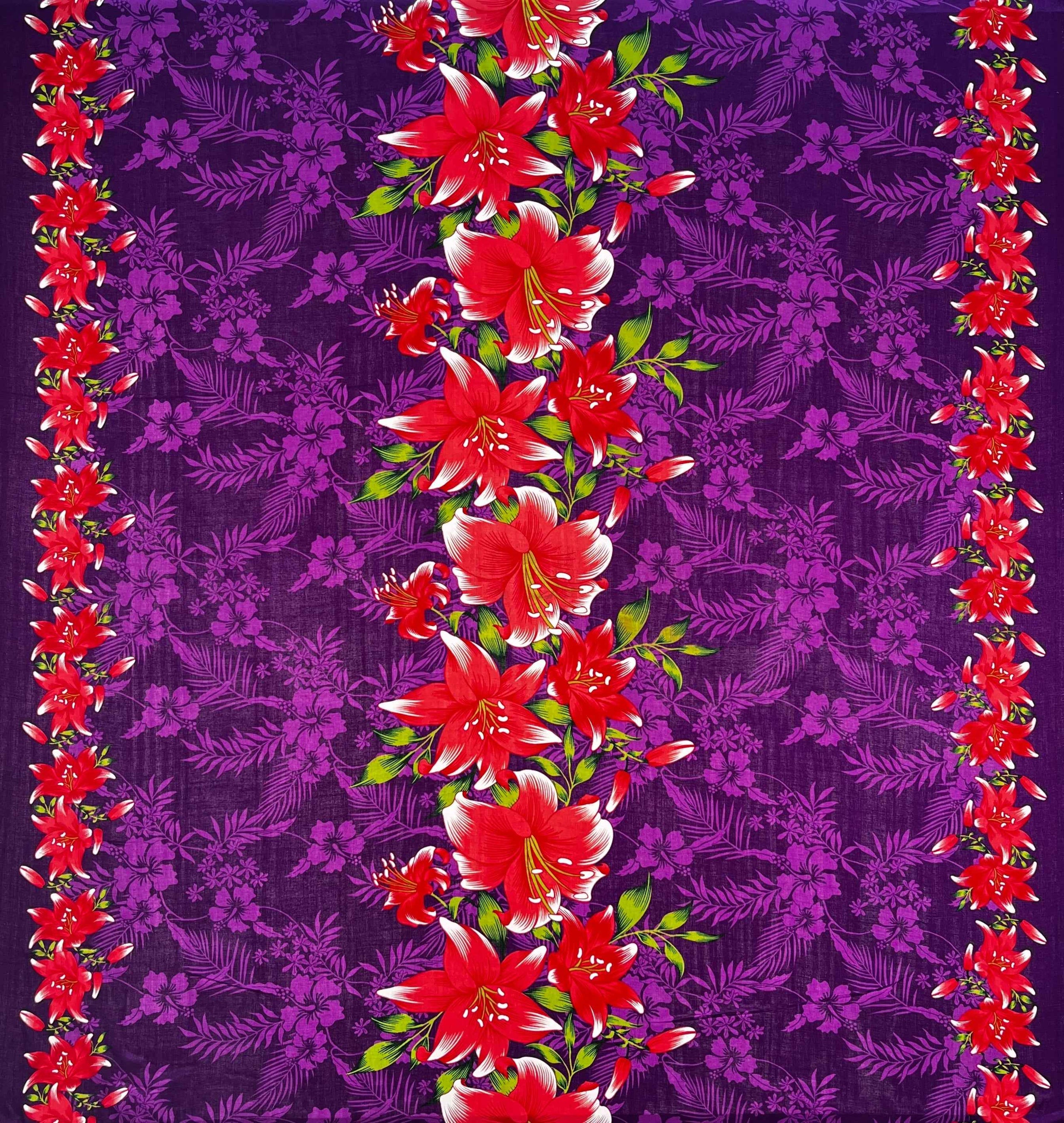 Triple Lily Border with tropical Flowers & Leaves Rayon Fabric | Islands Fabric