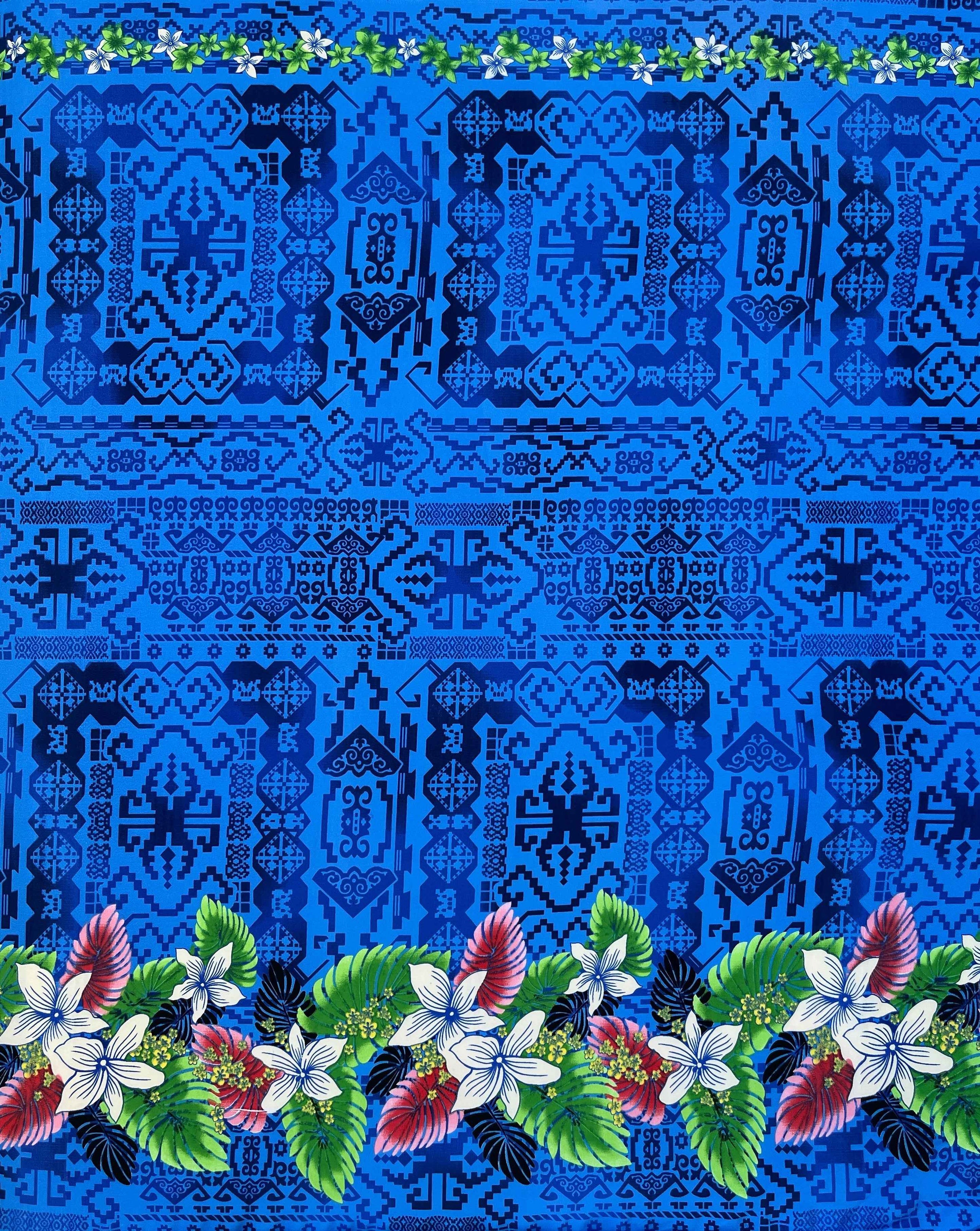 Tela de piel de melocotón con doble borde de flores y hojas tropicales | Islands Fabric