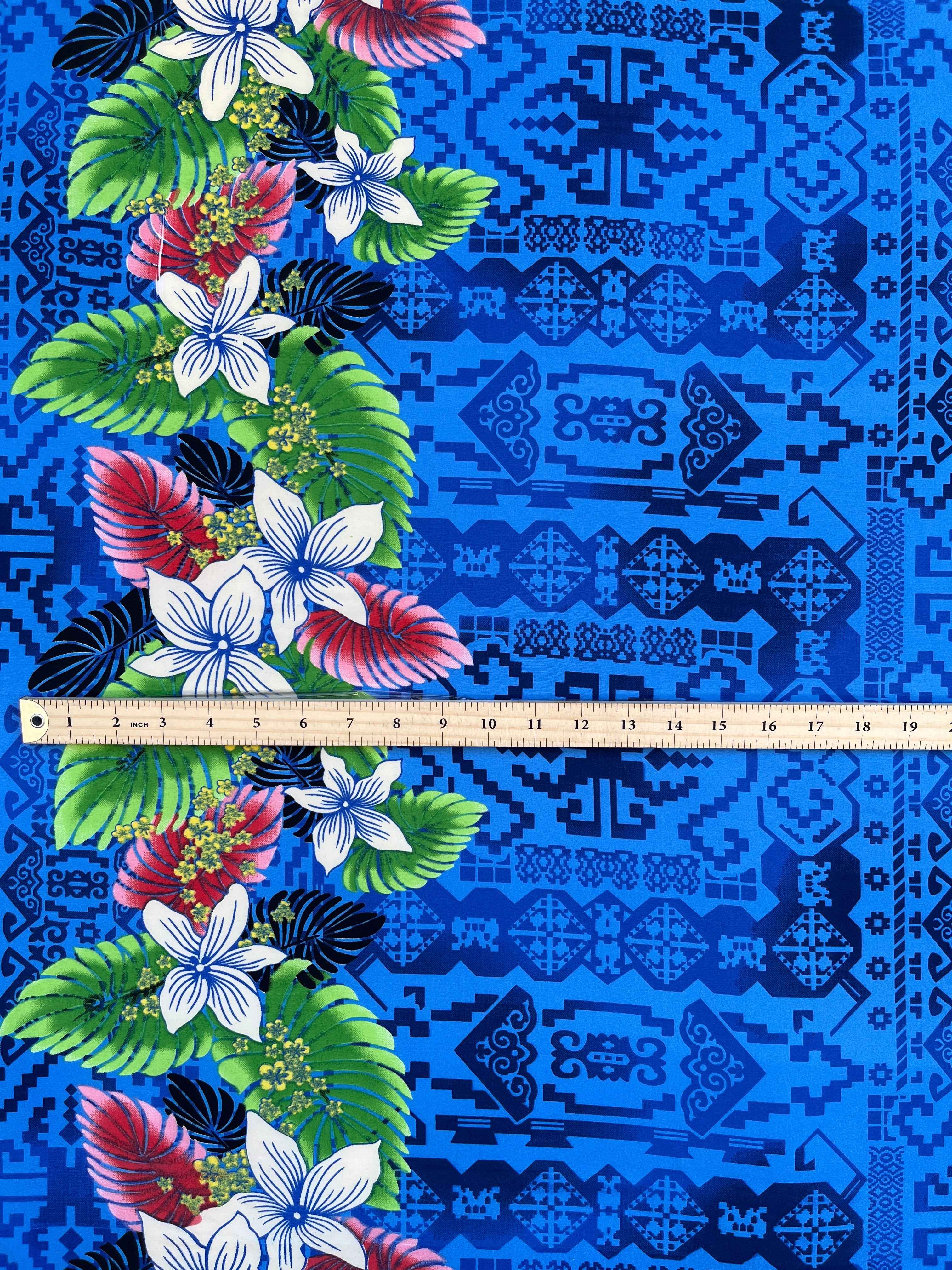 Tropical Flowers and Leaves Double Border Peachskin Fabric | Islands Fabric