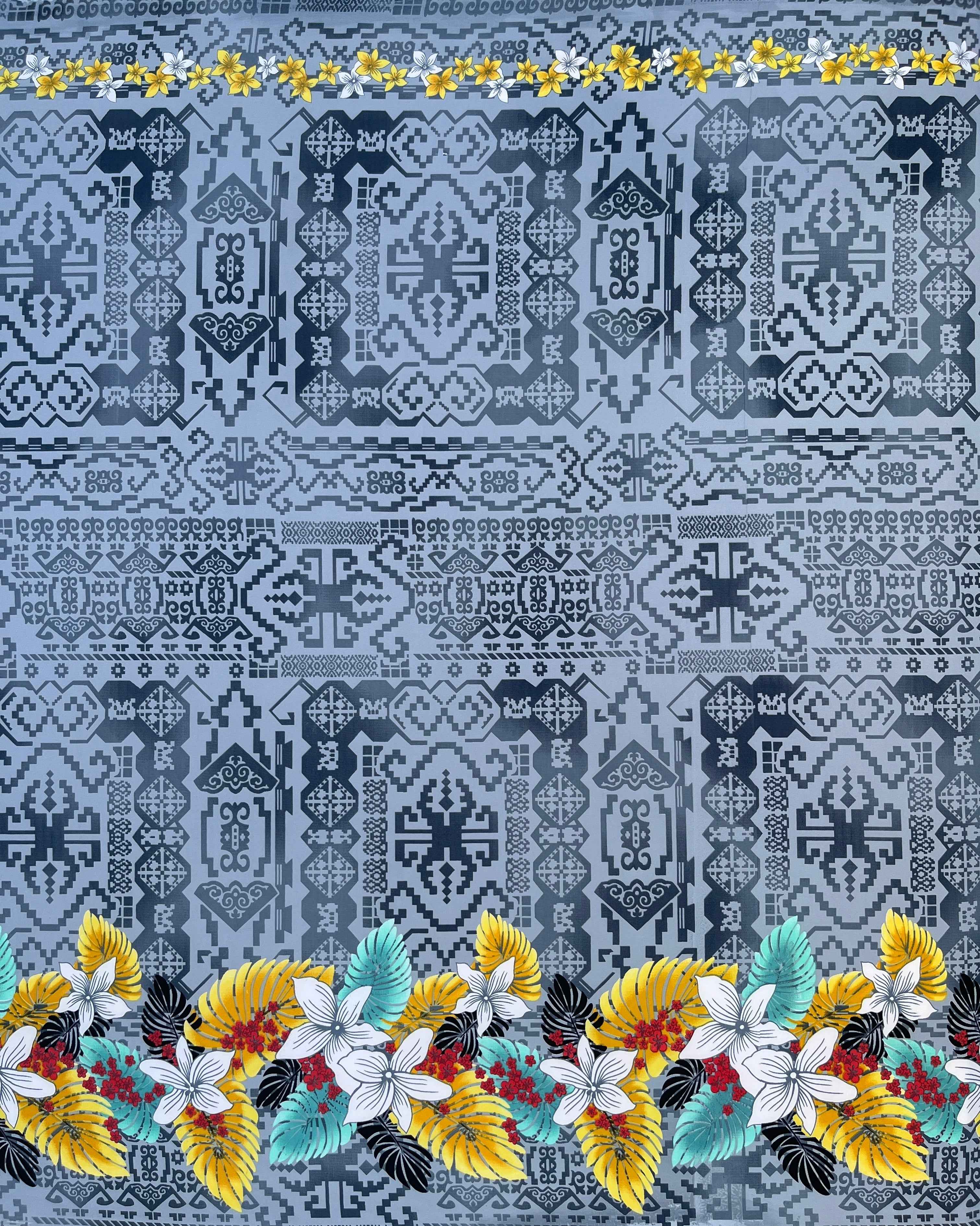 Tropical Flowers and Leaves Double Border Peachskin Fabric | Islands Fabric