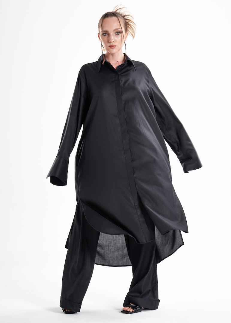 Lightweight And Breathable Deep Black Set With Maxi Button Down And Palazzo Pants