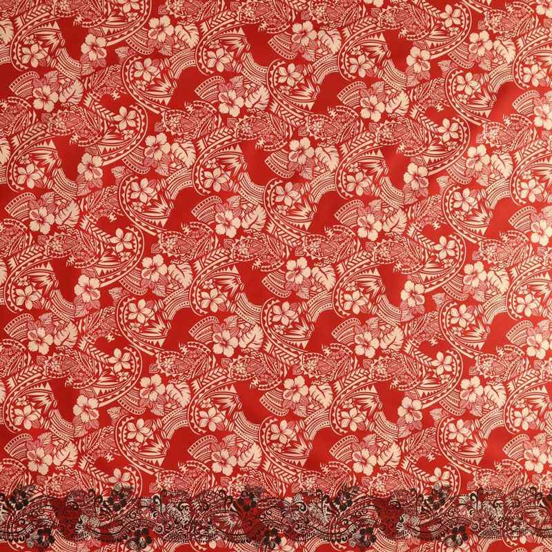 Polyensian Hibiscus & Plumeria Flowers Traditional Tattoo Single Border Fabric | Poly-Cotton