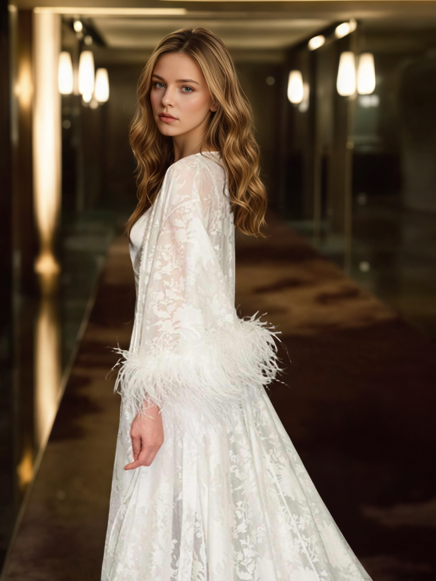 Luxury White Feather Trim Lace Long Robe Dress Set | Bridal Getting Ready & Photoshoot Gown