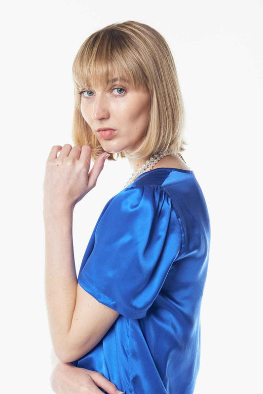 Shining V-Neck Blouse in Blue – Women’s Elegant V-Neck Top
