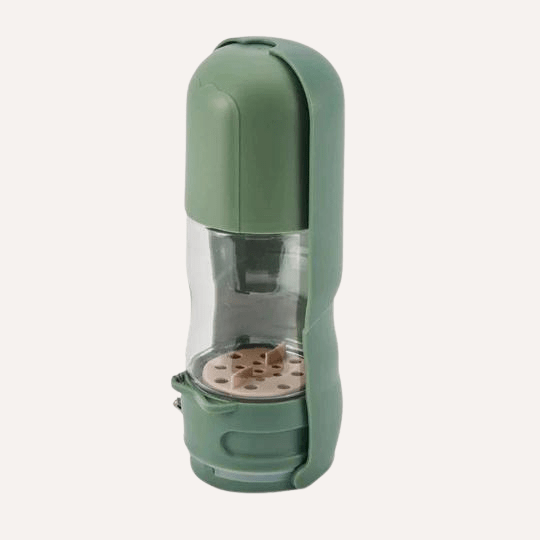 Botella de agua de viaje para perros con porta golosinas: a prueba de fugas y sin BPA, 350 ml