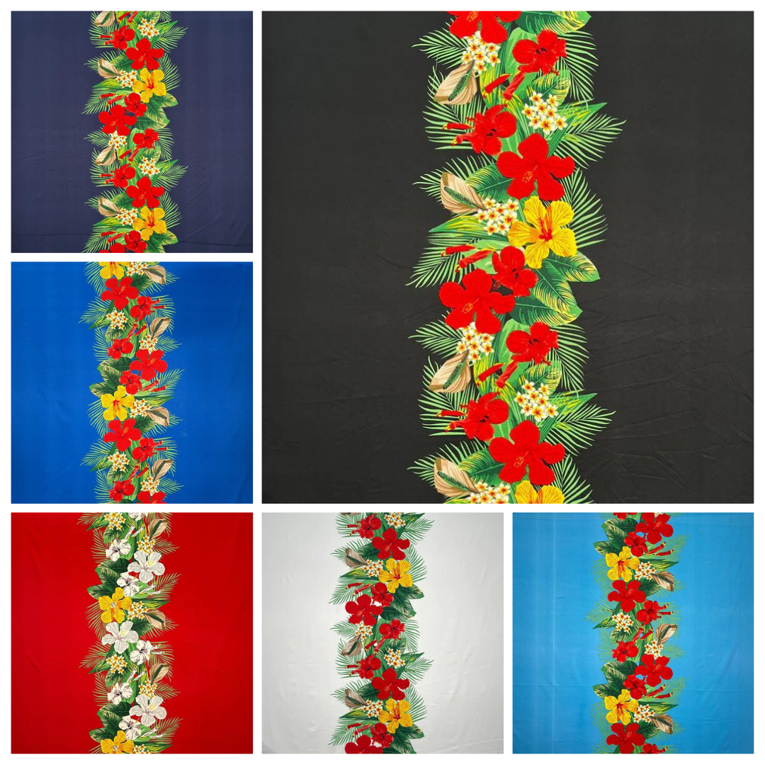 Tissu peau de pêche à bordure centrale et fleurs tropicales | Tissu Islands
