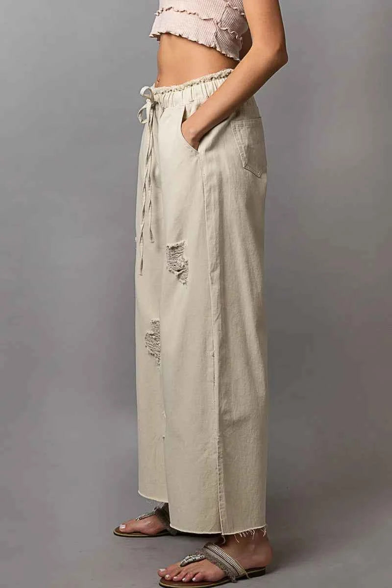 POL Distressed Drawstring Slit Wide leg Pants