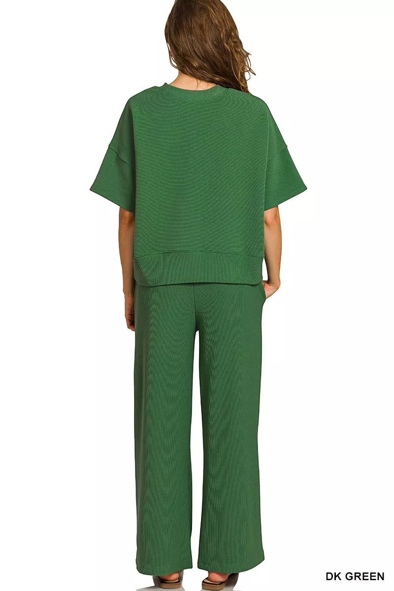 Zenana Ribbed Round Neck Tee & Pants Set in Green