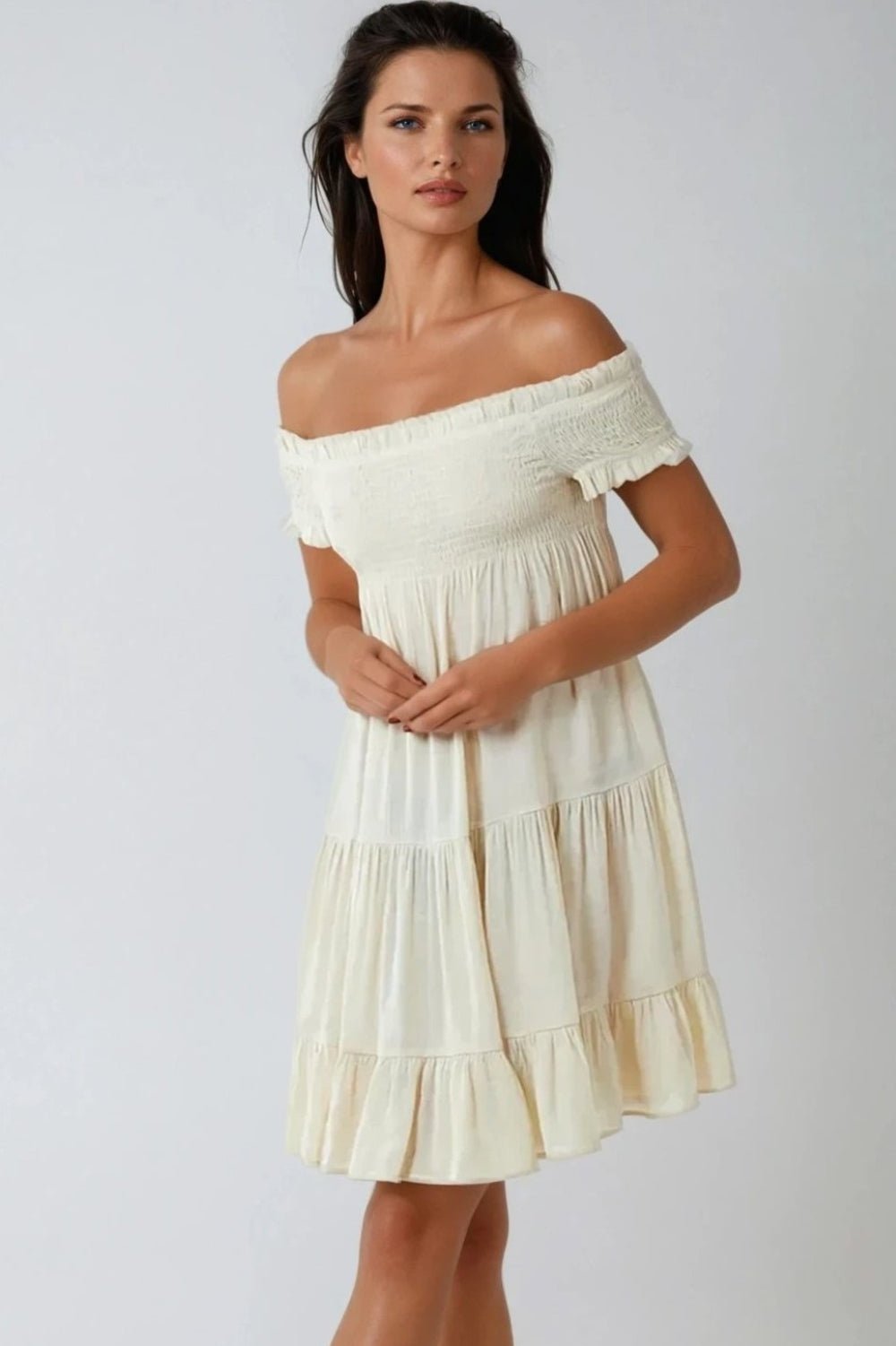 Beige Bardot Shirred Mini Dress - Lolomo!