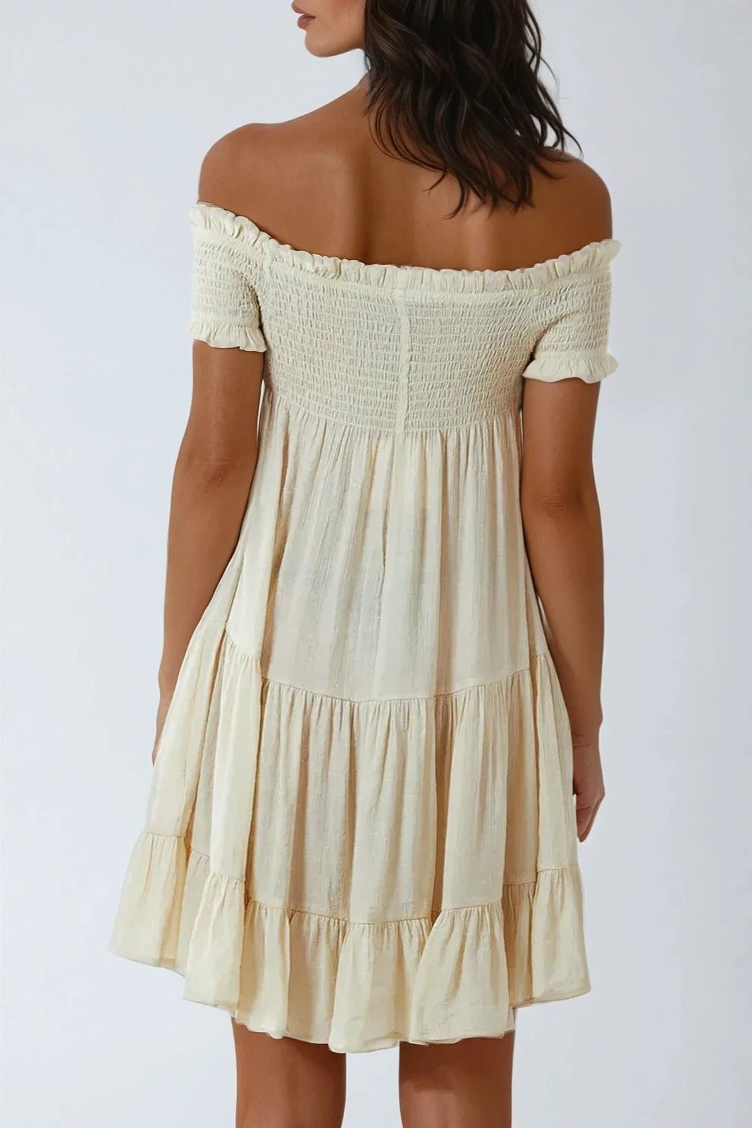 Beige Bardot Shirred Mini Dress - Lolomo!