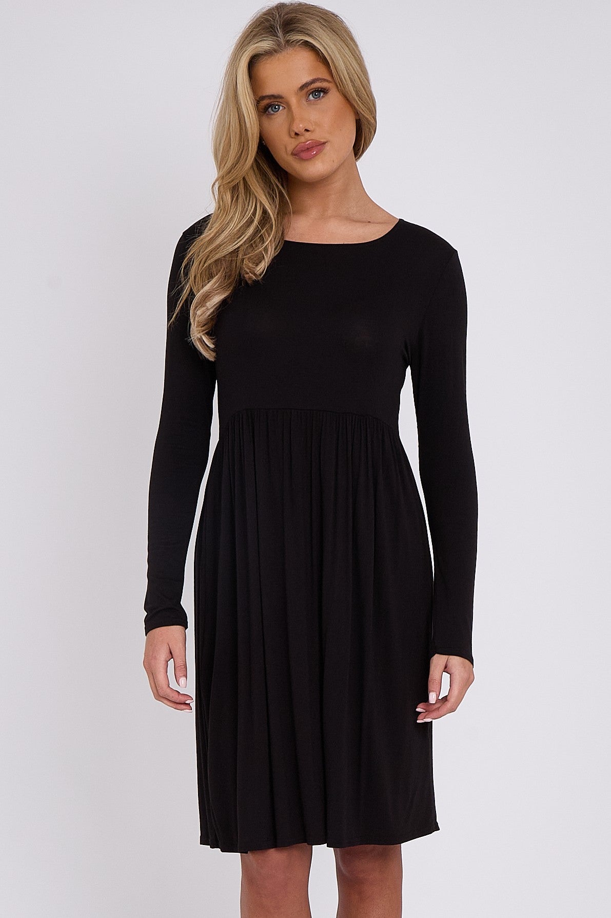 Black Long Sleeve Gathered Waist Dress - Lolomo!