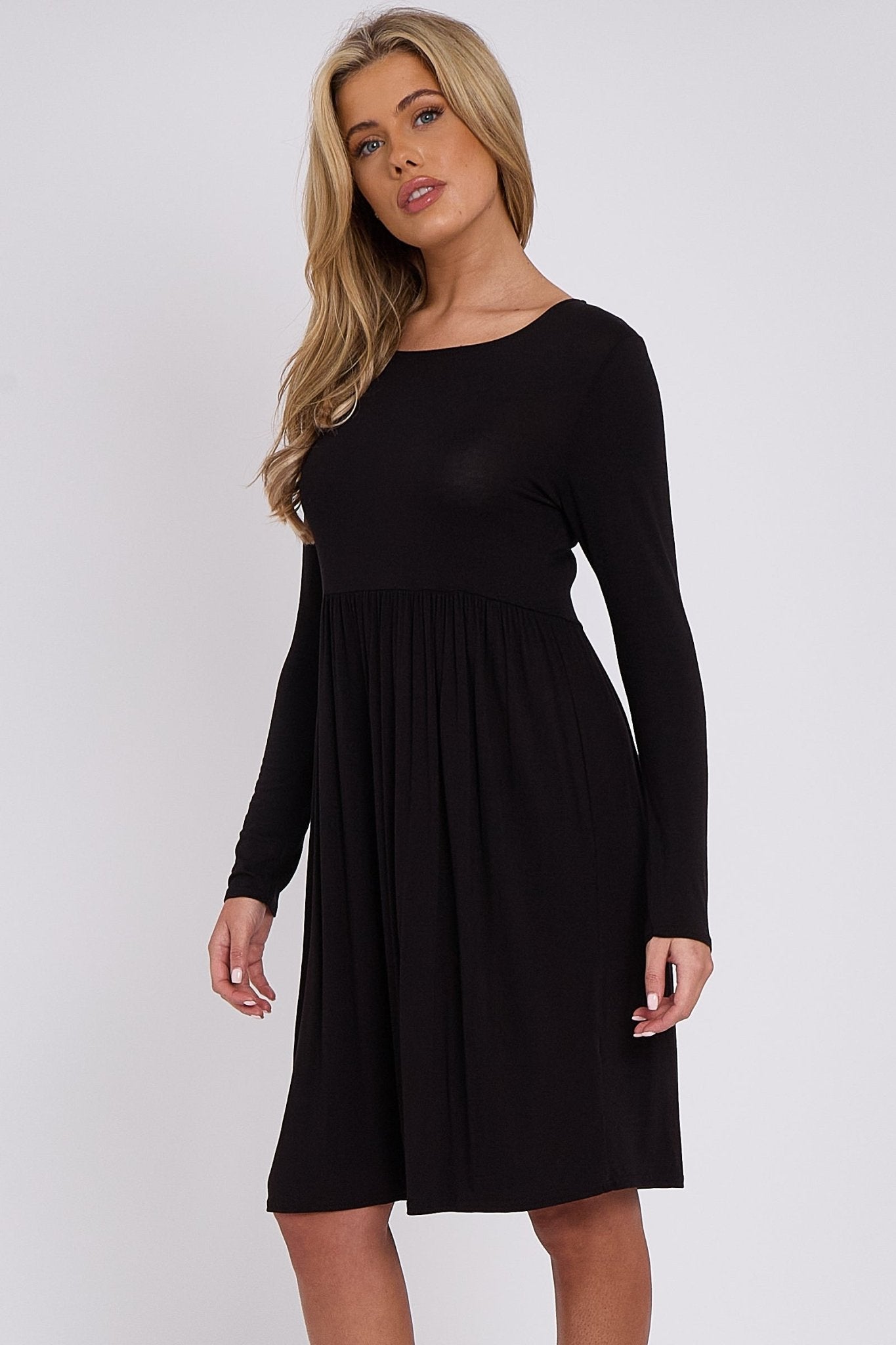 Black Long Sleeve Gathered Waist Dress - Lolomo!