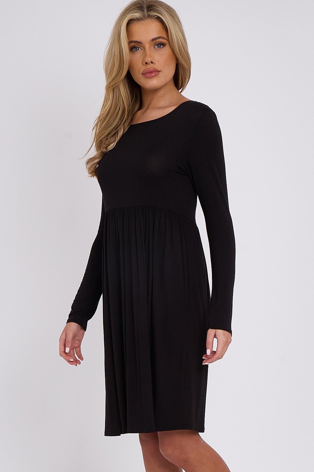 Black Long Sleeve Gathered Waist Dress - Lolomo!