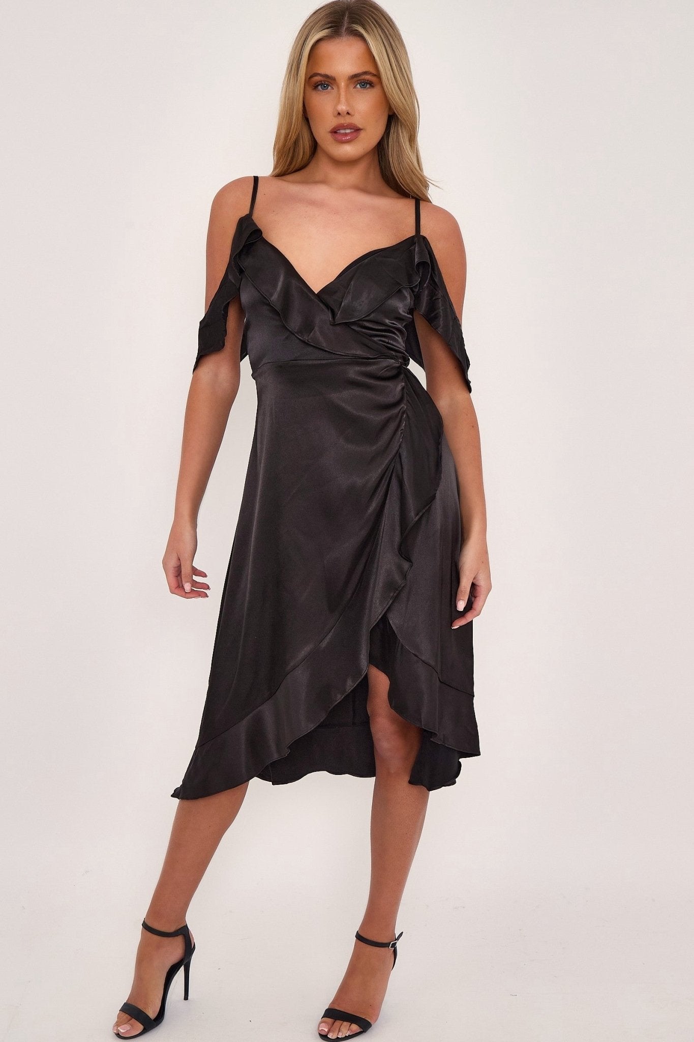 Black Off Shoulder Satin Midi Dress - Lolomo!