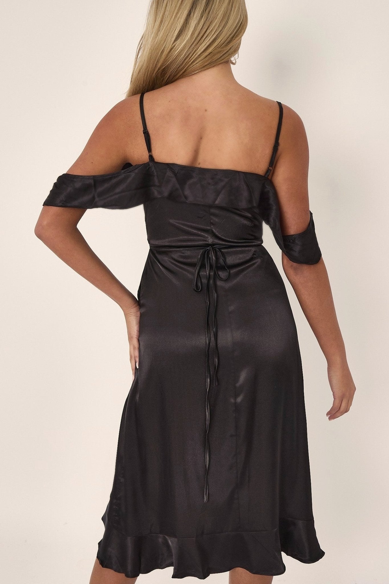 Black Off Shoulder Satin Midi Dress - Lolomo!