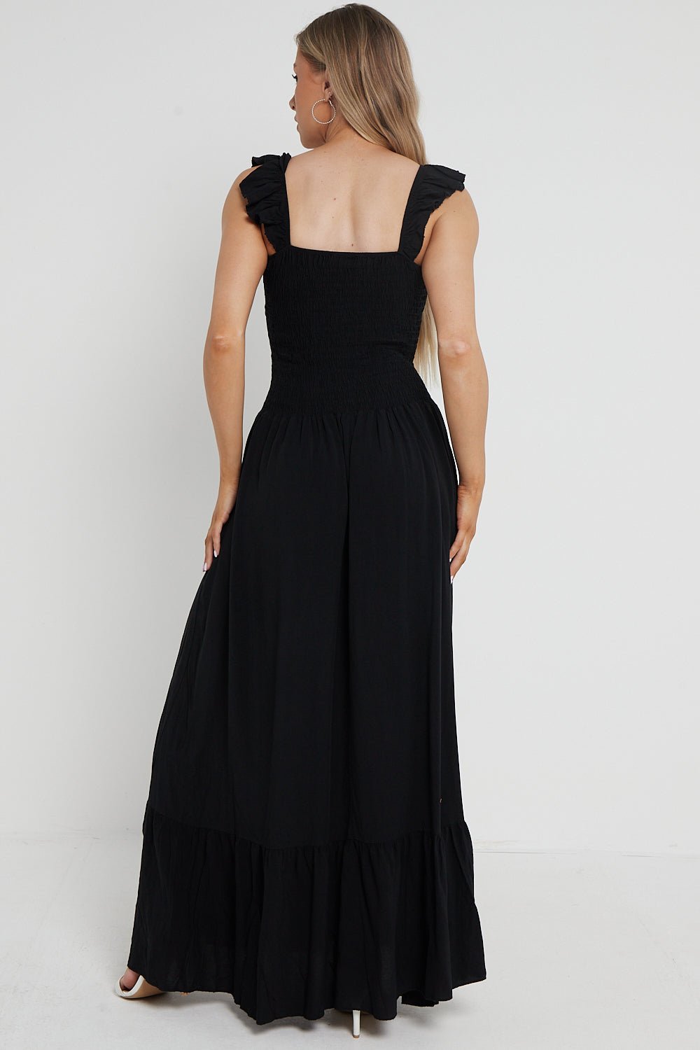 Black Shirred Maxi Dress With Frill - Lolomo!
