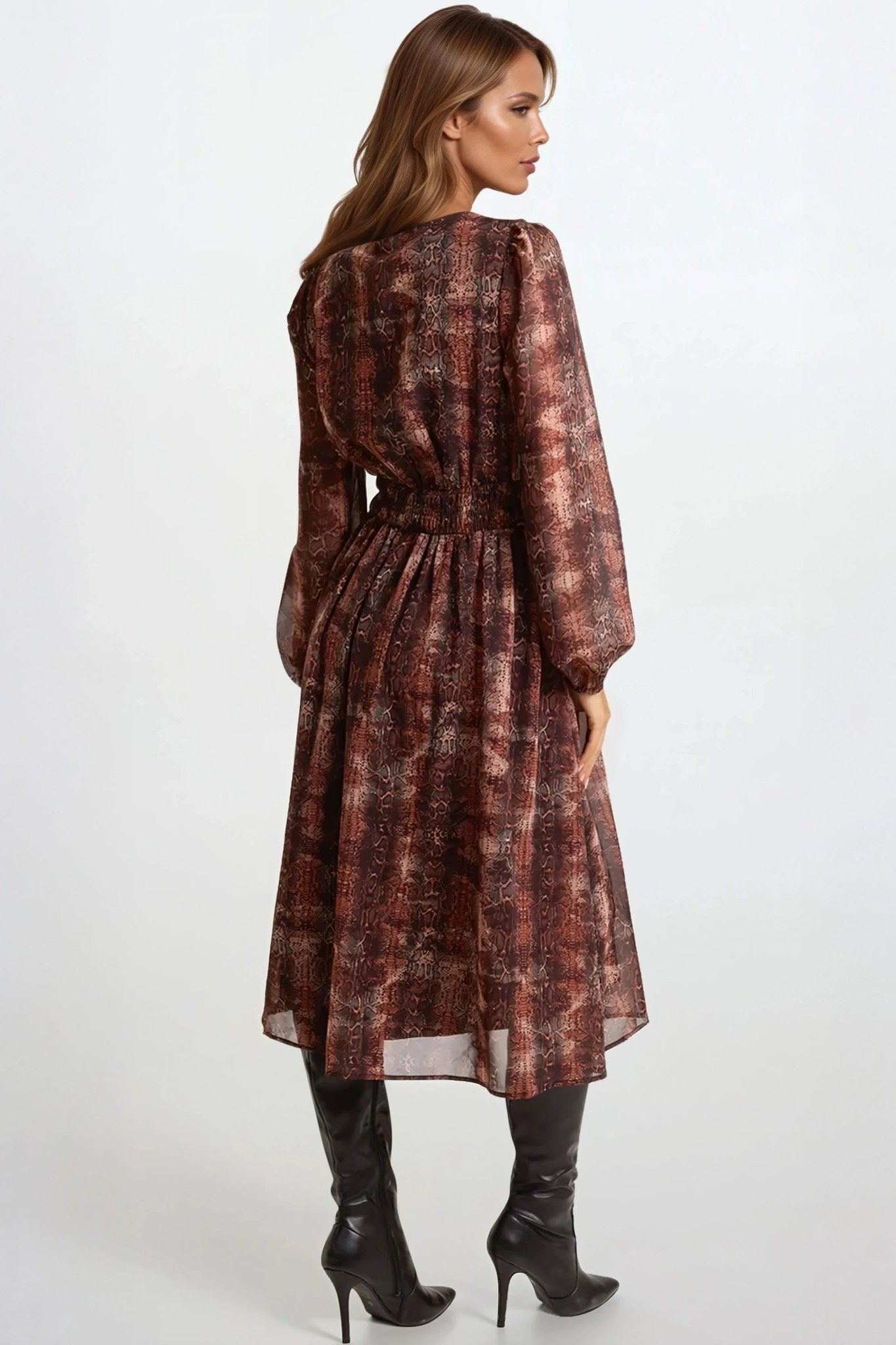 Brown Snake Print Long Sleeve Midi Dress - Lolomo!
