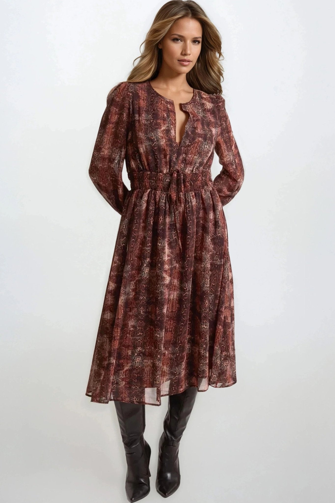 Brown Snake Print Long Sleeve Midi Dress - Lolomo!