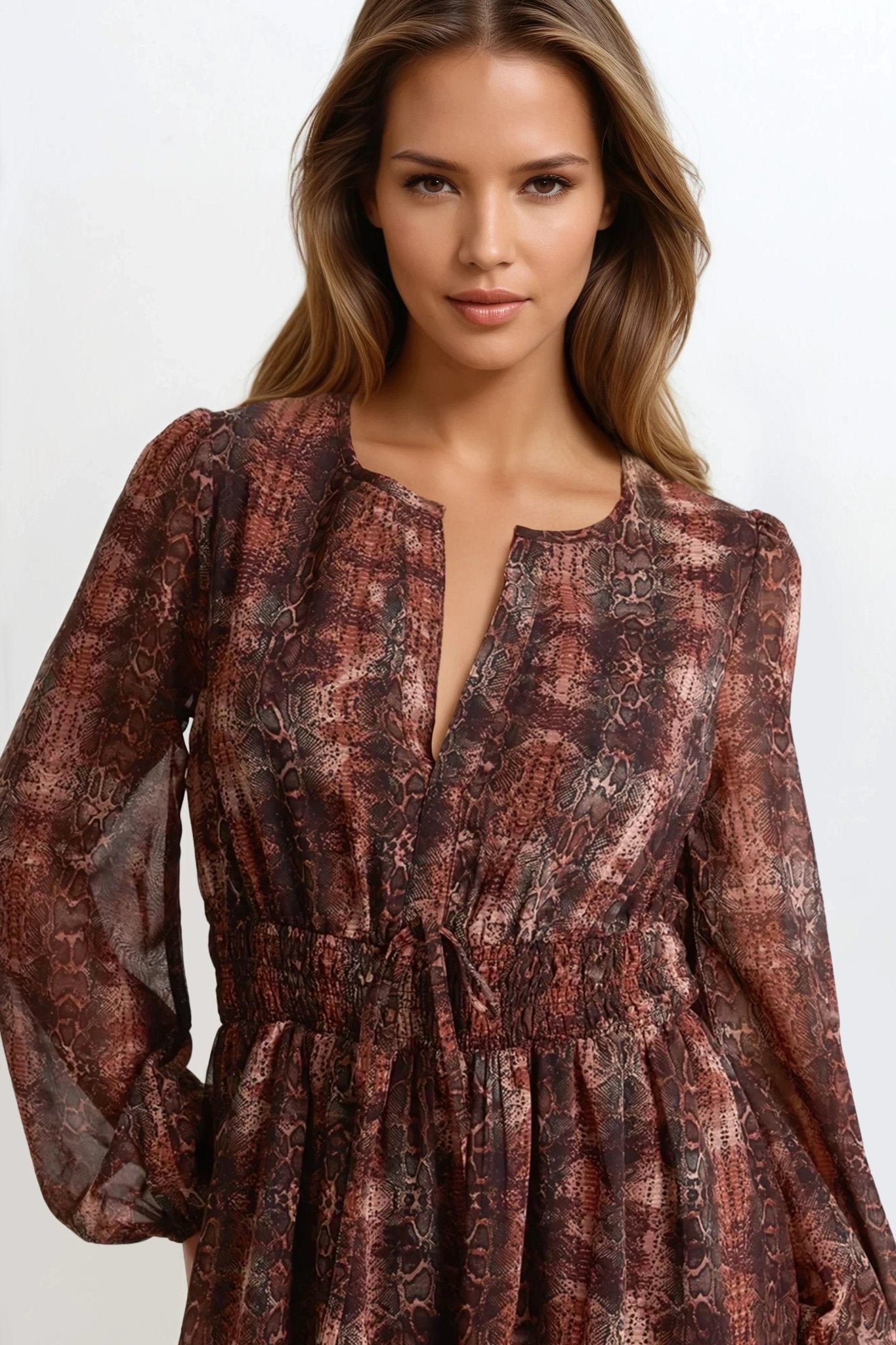Brown Snake Print Long Sleeve Midi Dress - Lolomo!