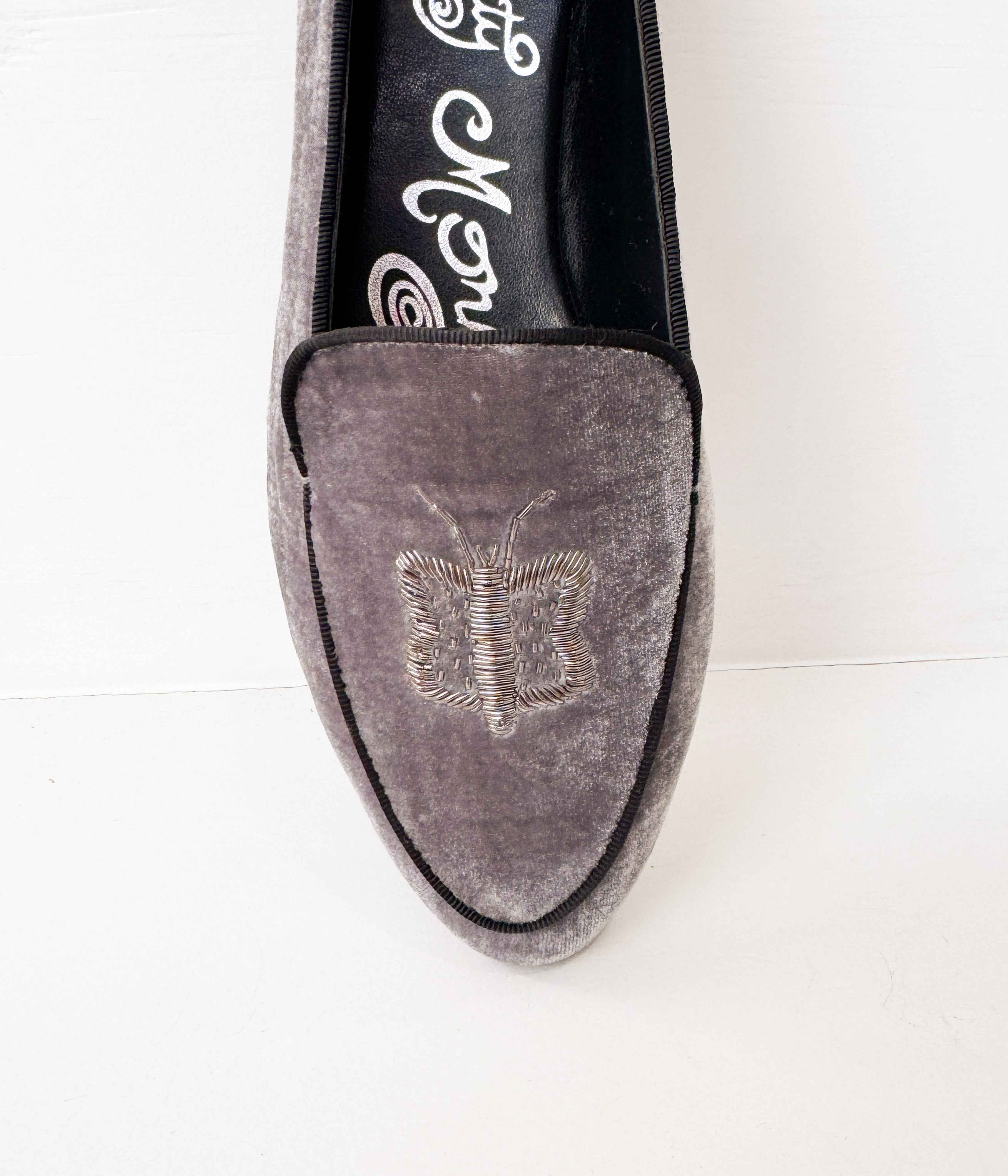 Butterfly Velvet Flats in Grey