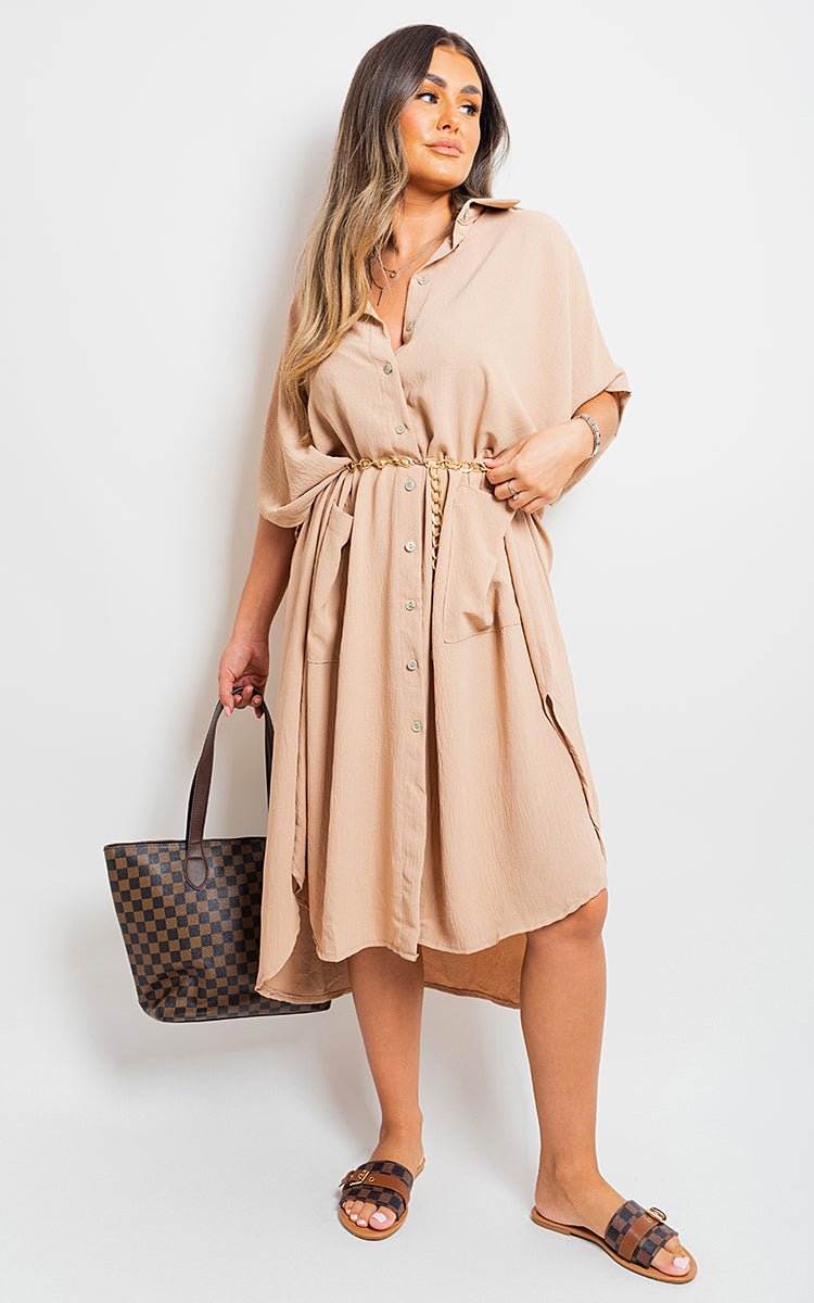 Button Down Collared Midi Dress with Two Front Pockets - Lolomo!