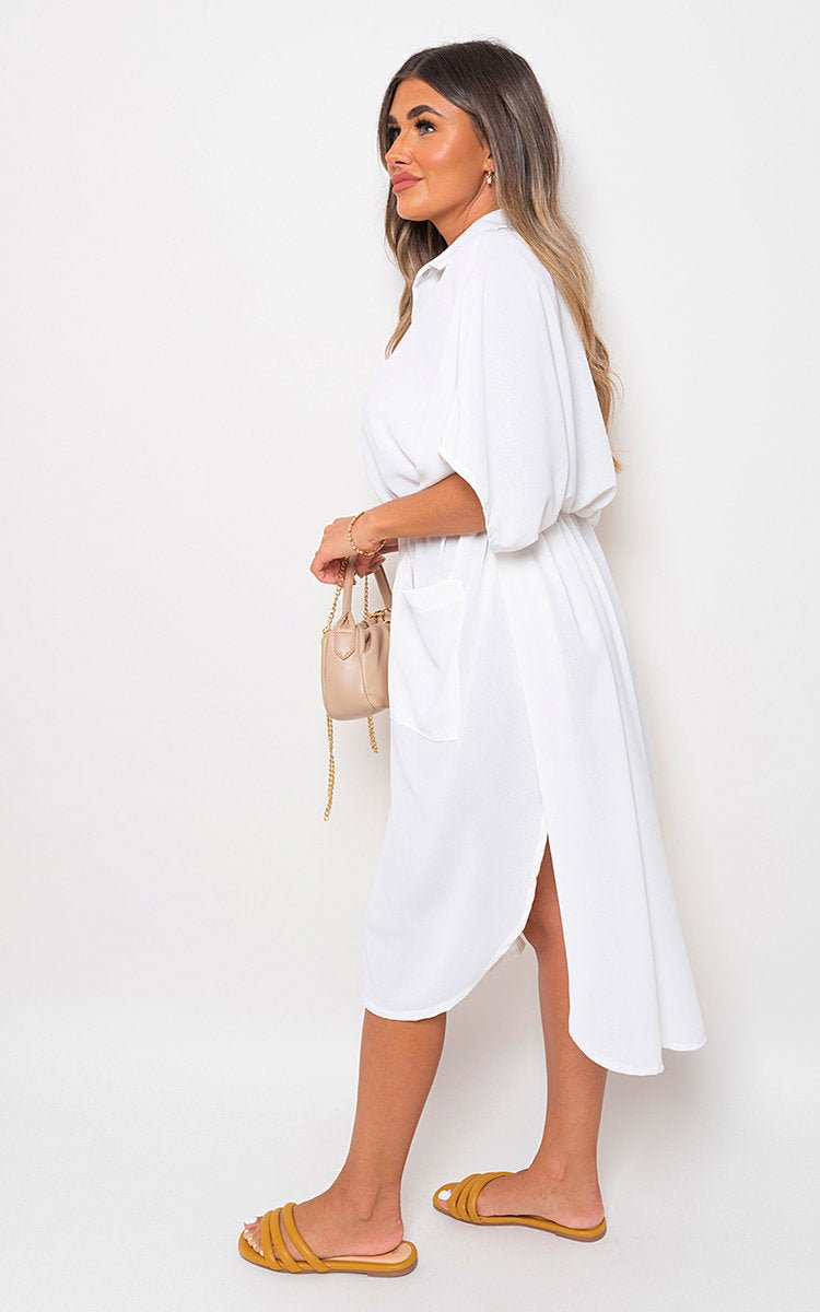 Button Down Collared Midi Dress with Two Front Pockets - Lolomo!