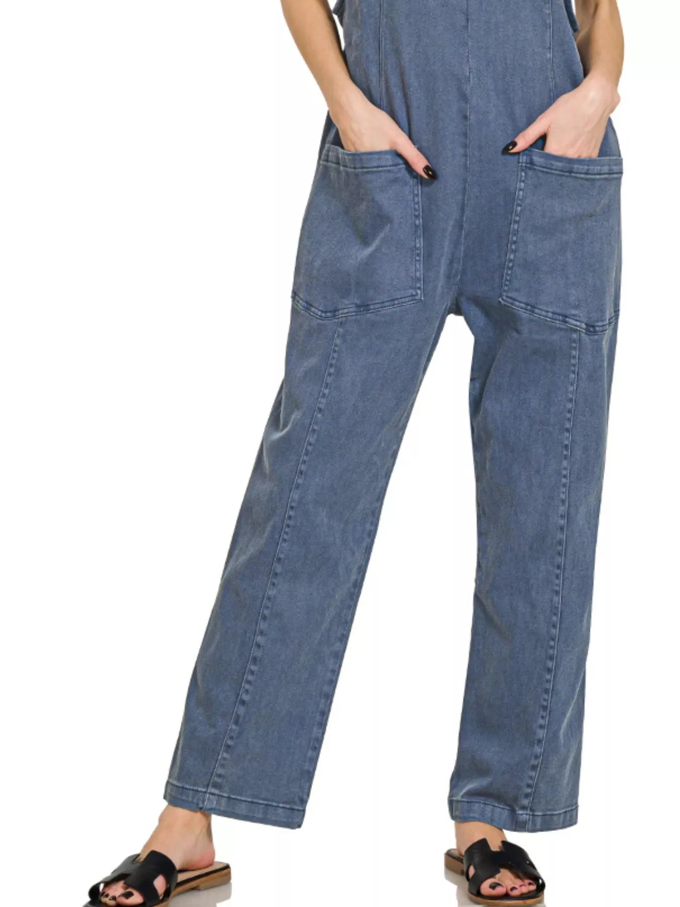 Zenana Casual Adjustable Strap Baggy Jumpsuit With Pocket in Blackberry