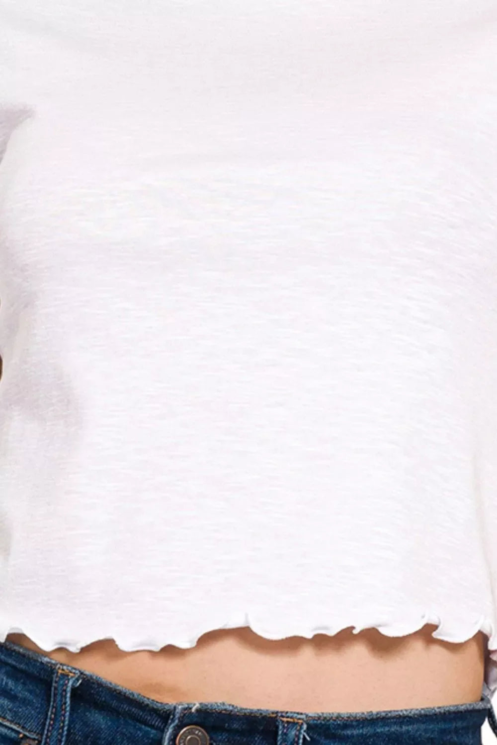 Zenana Cotton Modal Slub Lettuce Trimmed Cropped T-Shirt in White