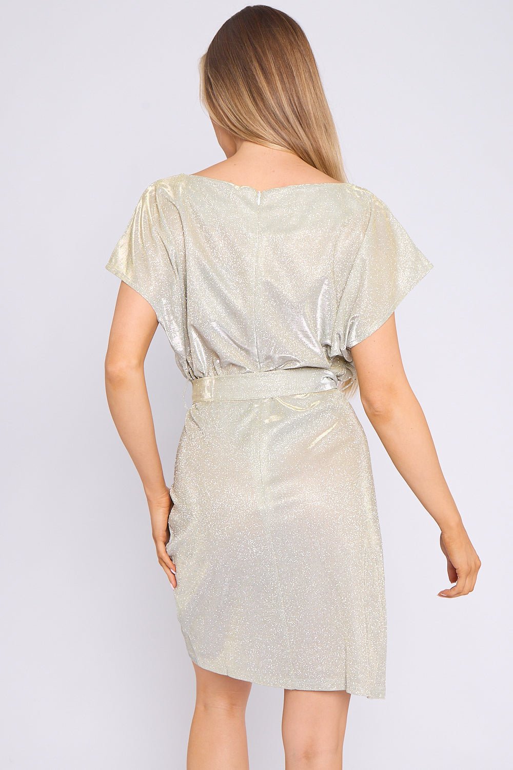 Champagne Sparkly Wrap Mini Dress - Lolomo!
