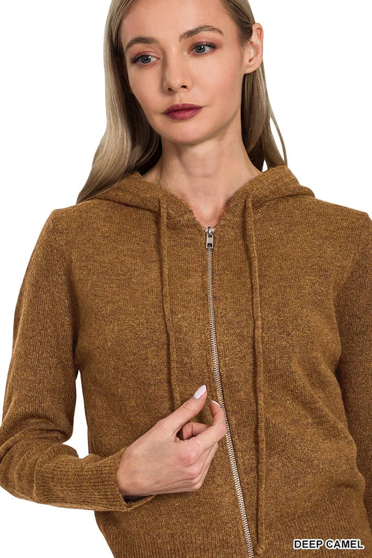 Zenana Drawstring Zip Up Hooded Cardigan