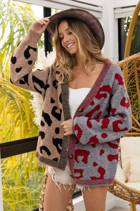 BiBi Leopard Color Block Button Down Sweater Cardigan in Taupe/Grey