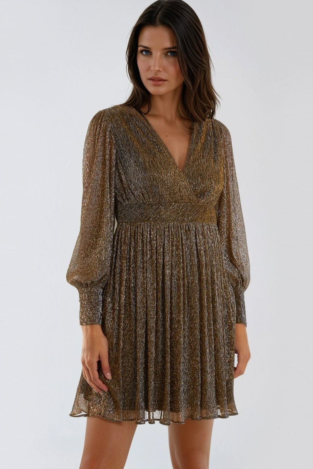Gold Metallic V - Neck Mini Dress - Lolomo!